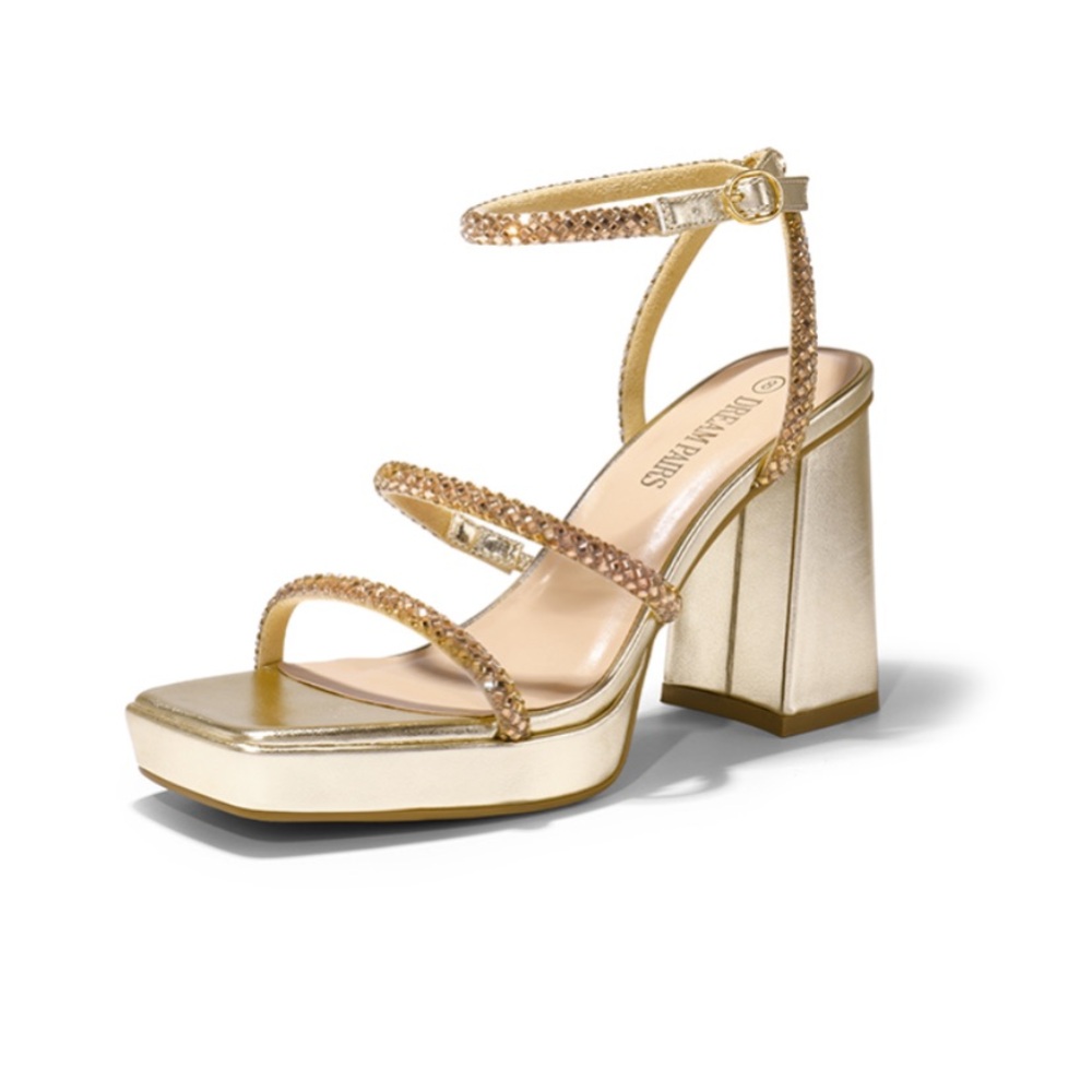 Strappy Chunky Heel Platform Rhinestone Sandals-Gold, size 9. Brand new.